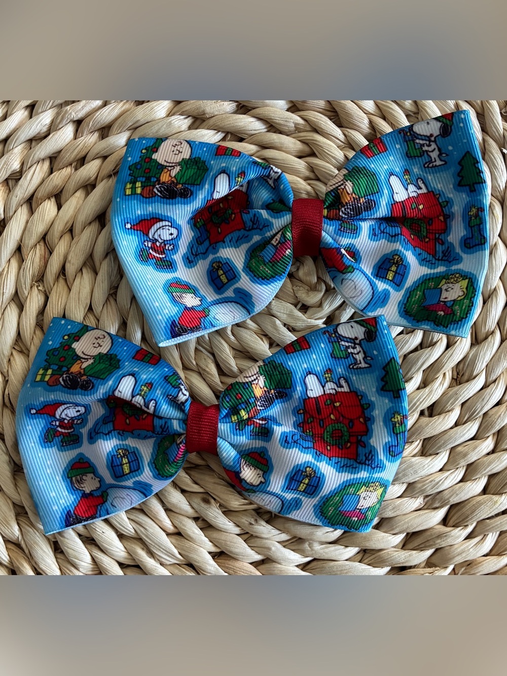 Blue Snoopy Winter Christmas Holiday Print Hair Bows, pair of 2, Like New!